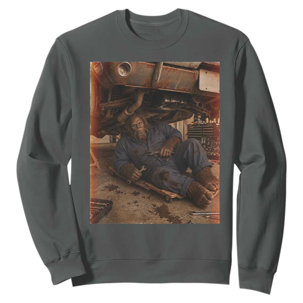 Bigfoot Mechanic Meme Sweatshirt Funny Sasquatch Fixing Cars TS12 Dark Heather Print Your Wear