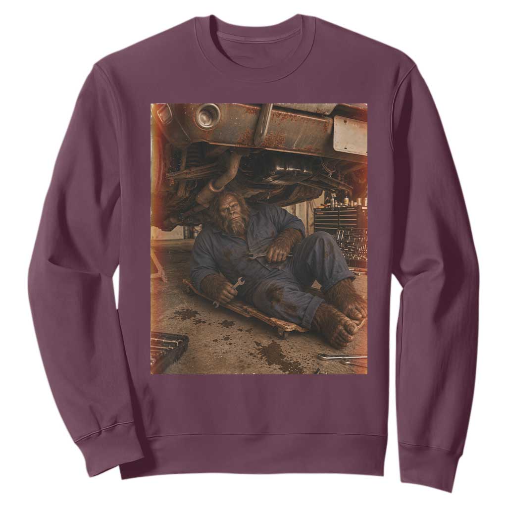 Bigfoot Mechanic Meme Sweatshirt Funny Sasquatch Fixing Cars TS12 Maroon Print Your Wear