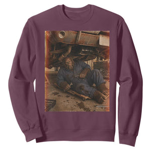 Bigfoot Mechanic Meme Sweatshirt Funny Sasquatch Fixing Cars TS12 Maroon Print Your Wear