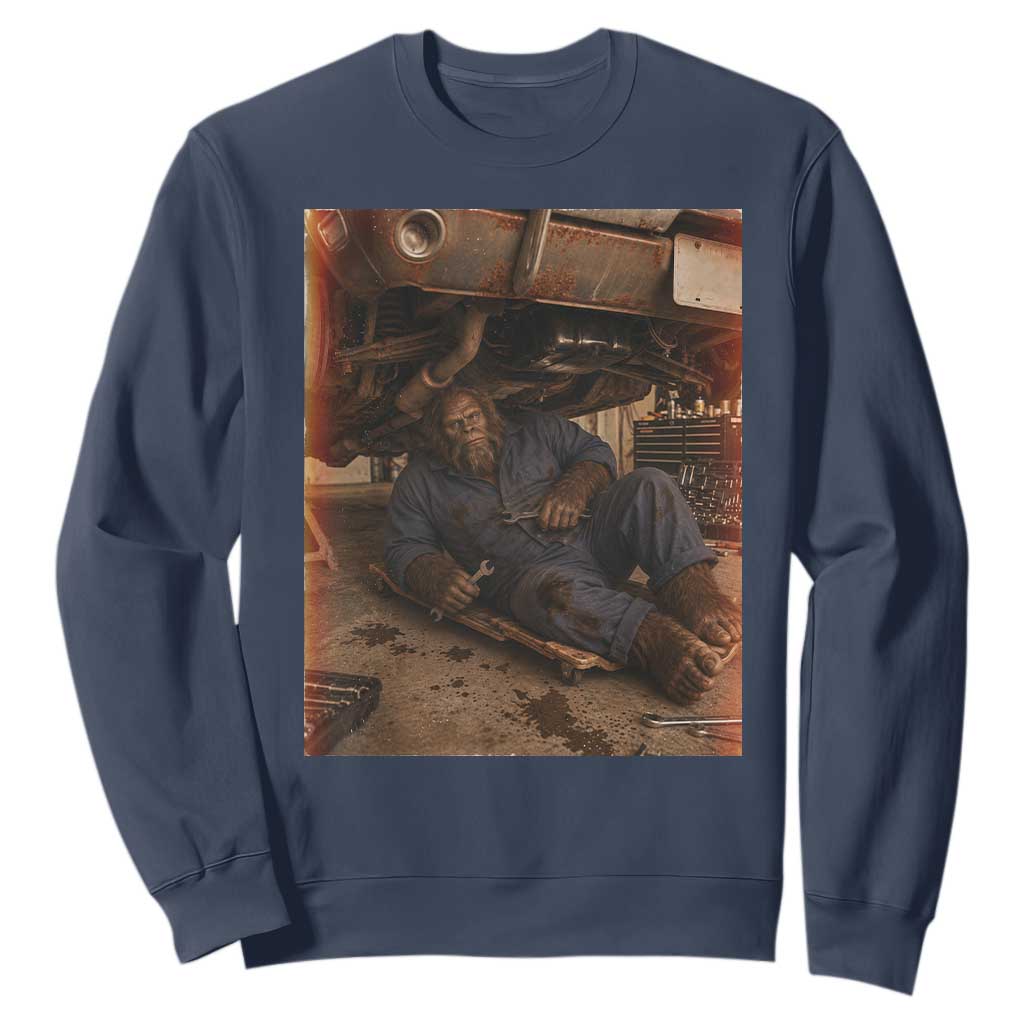Bigfoot Mechanic Meme Sweatshirt Funny Sasquatch Fixing Cars TS12 Navy Print Your Wear