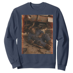 Bigfoot Mechanic Meme Sweatshirt Funny Sasquatch Fixing Cars TS12 Navy Print Your Wear