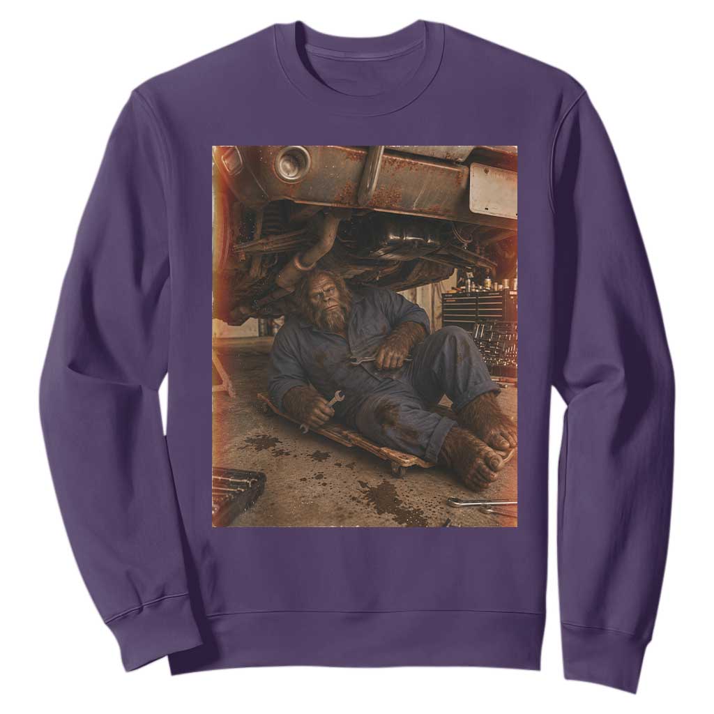Bigfoot Mechanic Meme Sweatshirt Funny Sasquatch Fixing Cars TS12 Purple Print Your Wear