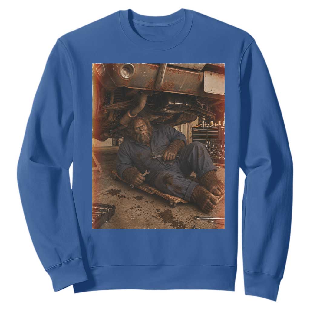 Bigfoot Mechanic Meme Sweatshirt Funny Sasquatch Fixing Cars TS12 Royal Blue Print Your Wear