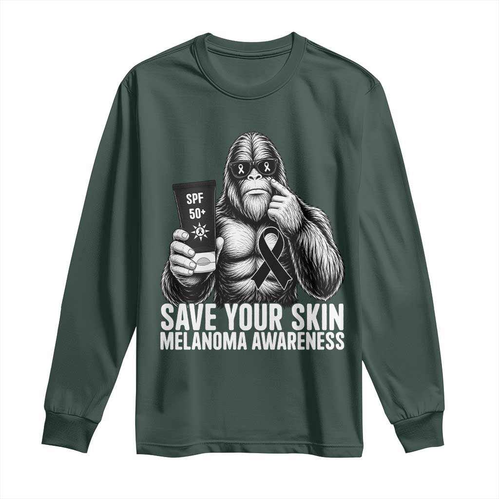 Bigfoot Save Your Skin Long Sleeve Shirt Melanoma Warrior Support TS12 Dark Forest Green Print Your Wear