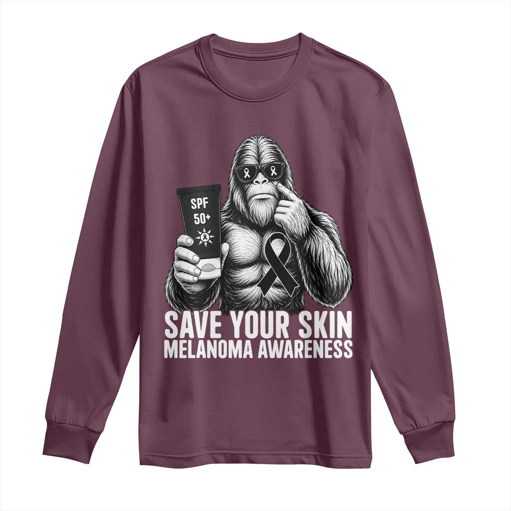 Bigfoot Save Your Skin Long Sleeve Shirt Melanoma Warrior Support TS12 Maroon Print Your Wear