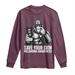 Bigfoot Save Your Skin Long Sleeve Shirt Melanoma Warrior Support TS12 Maroon Print Your Wear