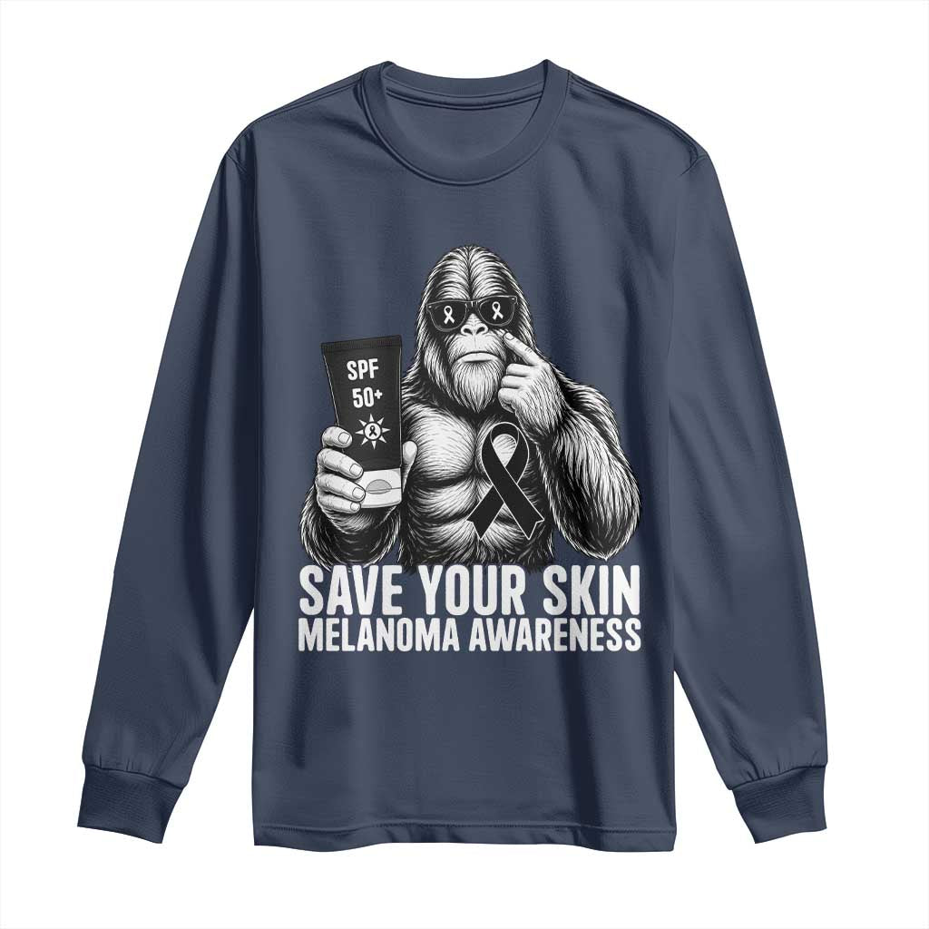Bigfoot Save Your Skin Long Sleeve Shirt Melanoma Warrior Support TS12 Navy Print Your Wear