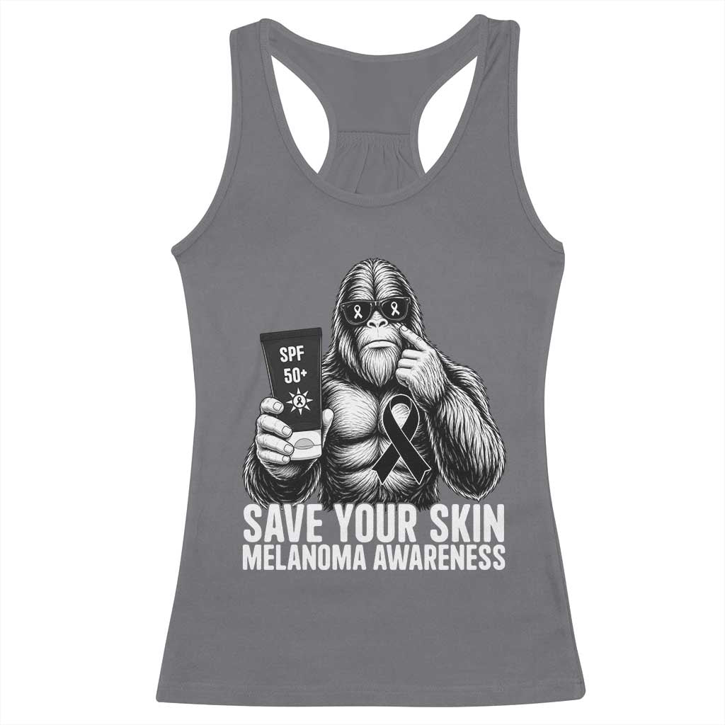 Bigfoot Save Your Skin Racerback Tank Top Melanoma Warrior Support TS12 Charcoal Print Your Wear