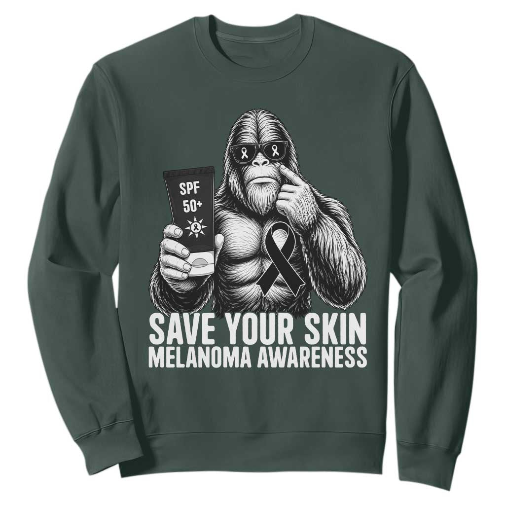 Bigfoot Save Your Skin Sweatshirt Melanoma Warrior Support TS12 Dark Forest Green Print Your Wear
