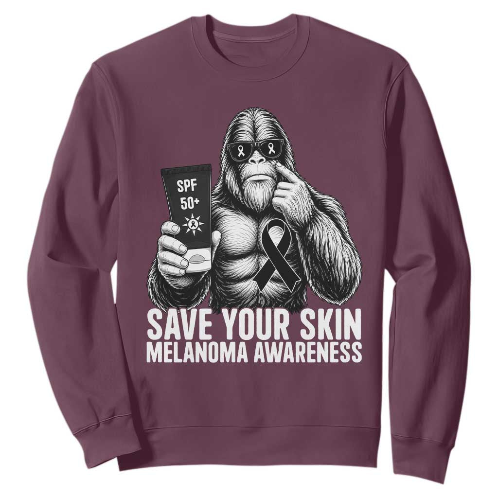 Bigfoot Save Your Skin Sweatshirt Melanoma Warrior Support TS12 Maroon Print Your Wear