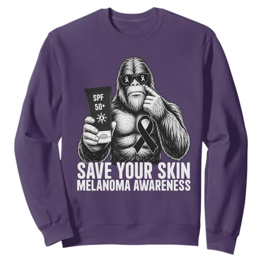Bigfoot Save Your Skin Sweatshirt Melanoma Warrior Support TS12 Purple Print Your Wear
