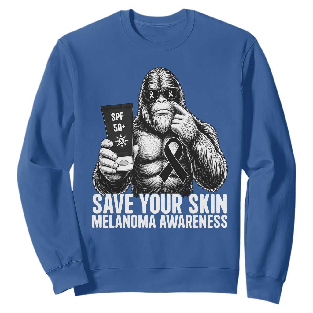 Bigfoot Save Your Skin Sweatshirt Melanoma Warrior Support TS12 Royal Blue Print Your Wear