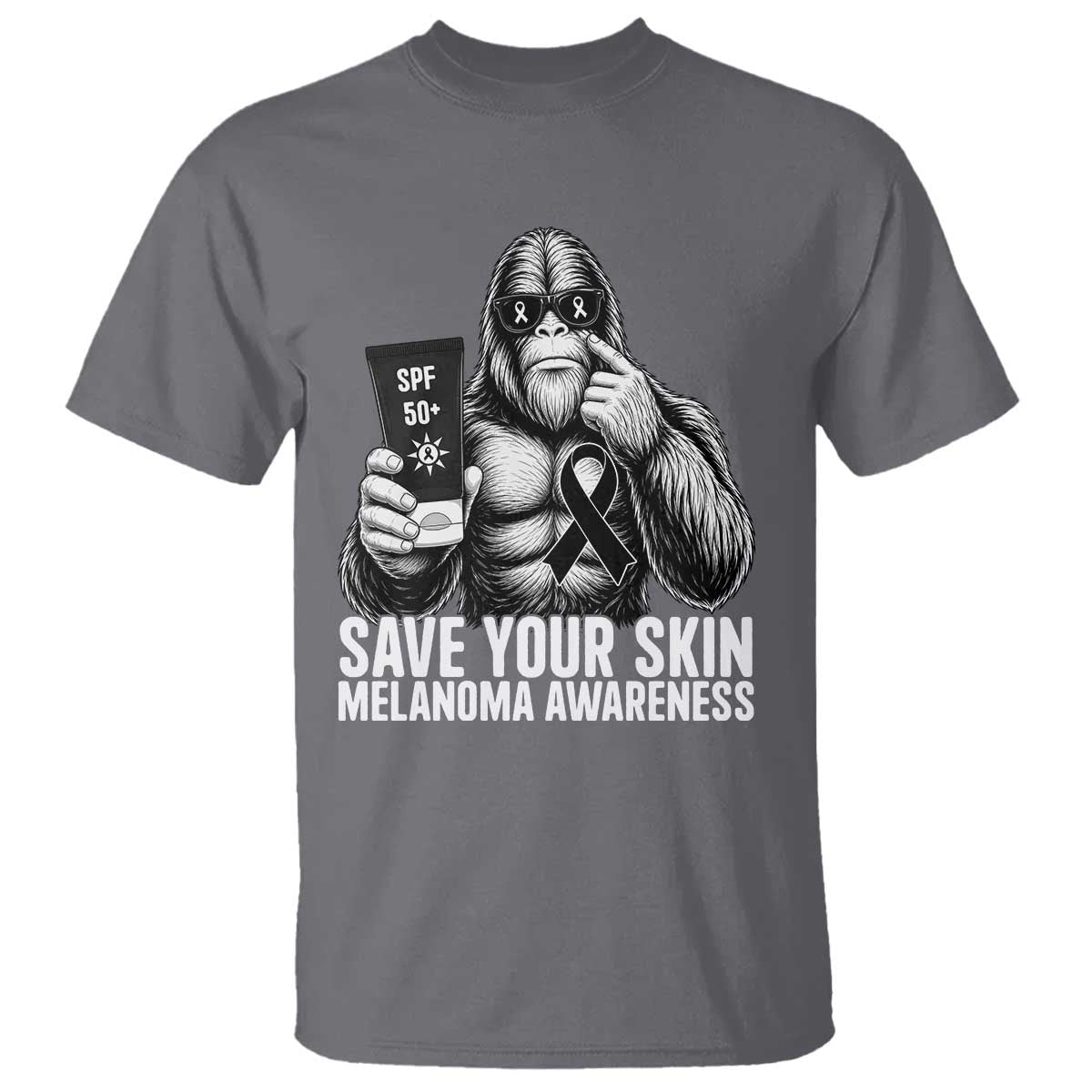 Bigfoot Save Your Skin T Shirt Melanoma Warrior Support TS12 Charcoal Print Your Wear