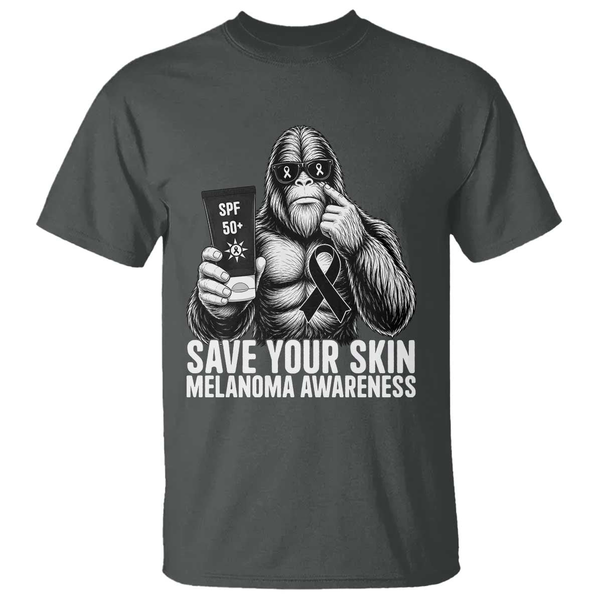 Bigfoot Save Your Skin T Shirt Melanoma Warrior Support TS12 Dark Heather Print Your Wear
