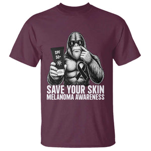 Bigfoot Save Your Skin T Shirt Melanoma Warrior Support TS12 Maroon Print Your Wear