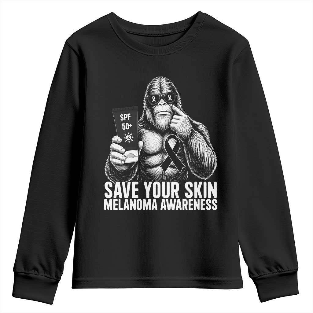 Bigfoot Save Your Skin Youth Sweatshirt Melanoma Warrior Support TS12 Black Print Your Wear