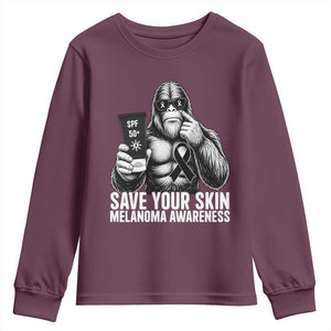 Bigfoot Save Your Skin Youth Sweatshirt Melanoma Warrior Support TS12 Maroon Print Your Wear