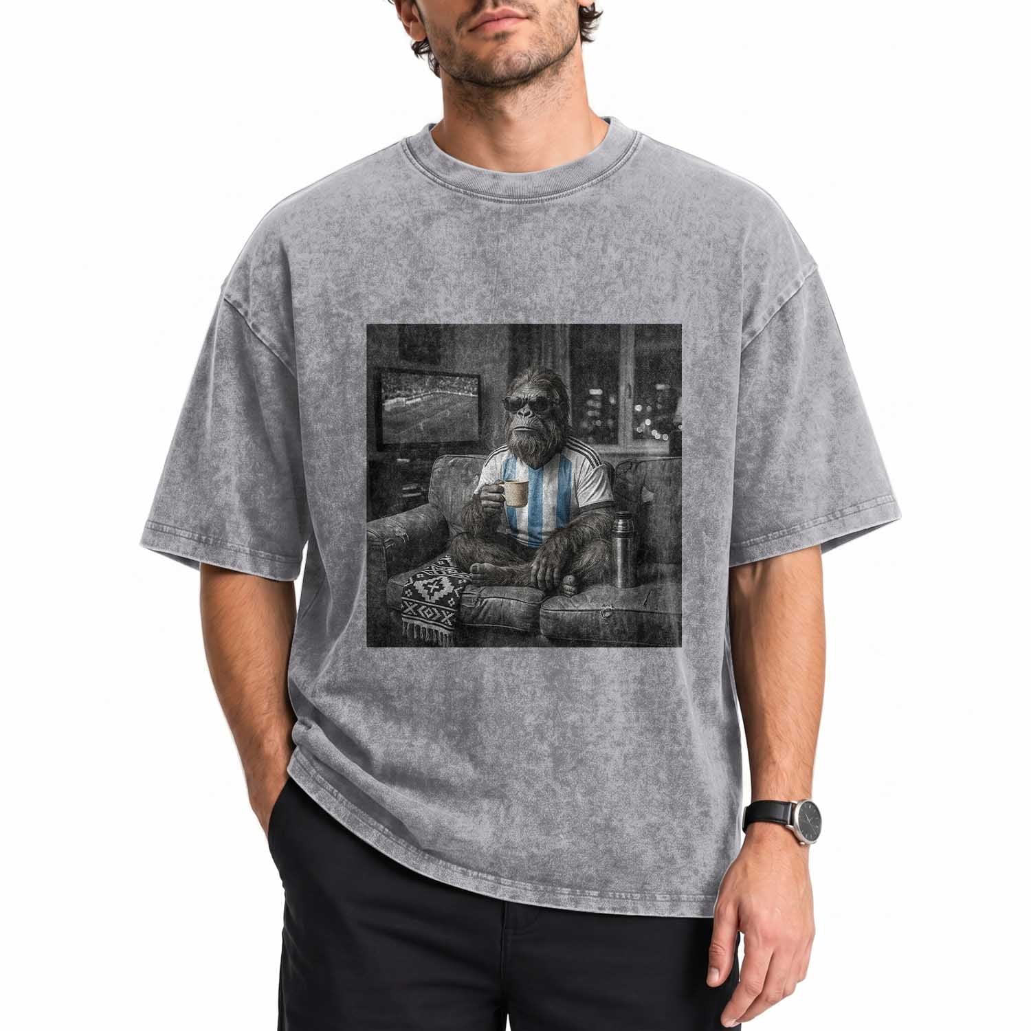 Funny Bigfoot Watching Soccer Washed Cotton T-Shirt Argentina Futbol Fan