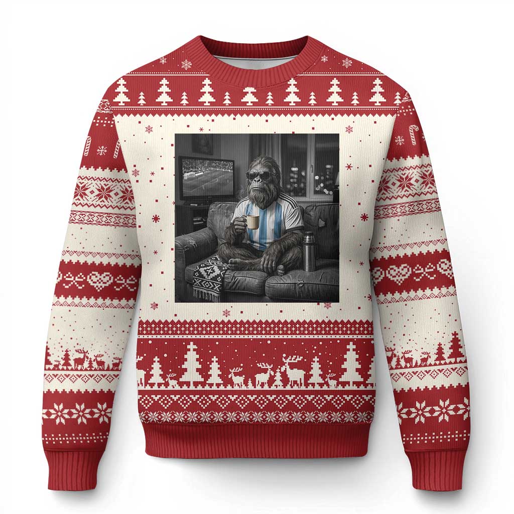 Funny Bigfoot Watching Soccer Ugly Christmas Sweater Argentina Futbol Fan TS12 Beige Red Print Your Wear