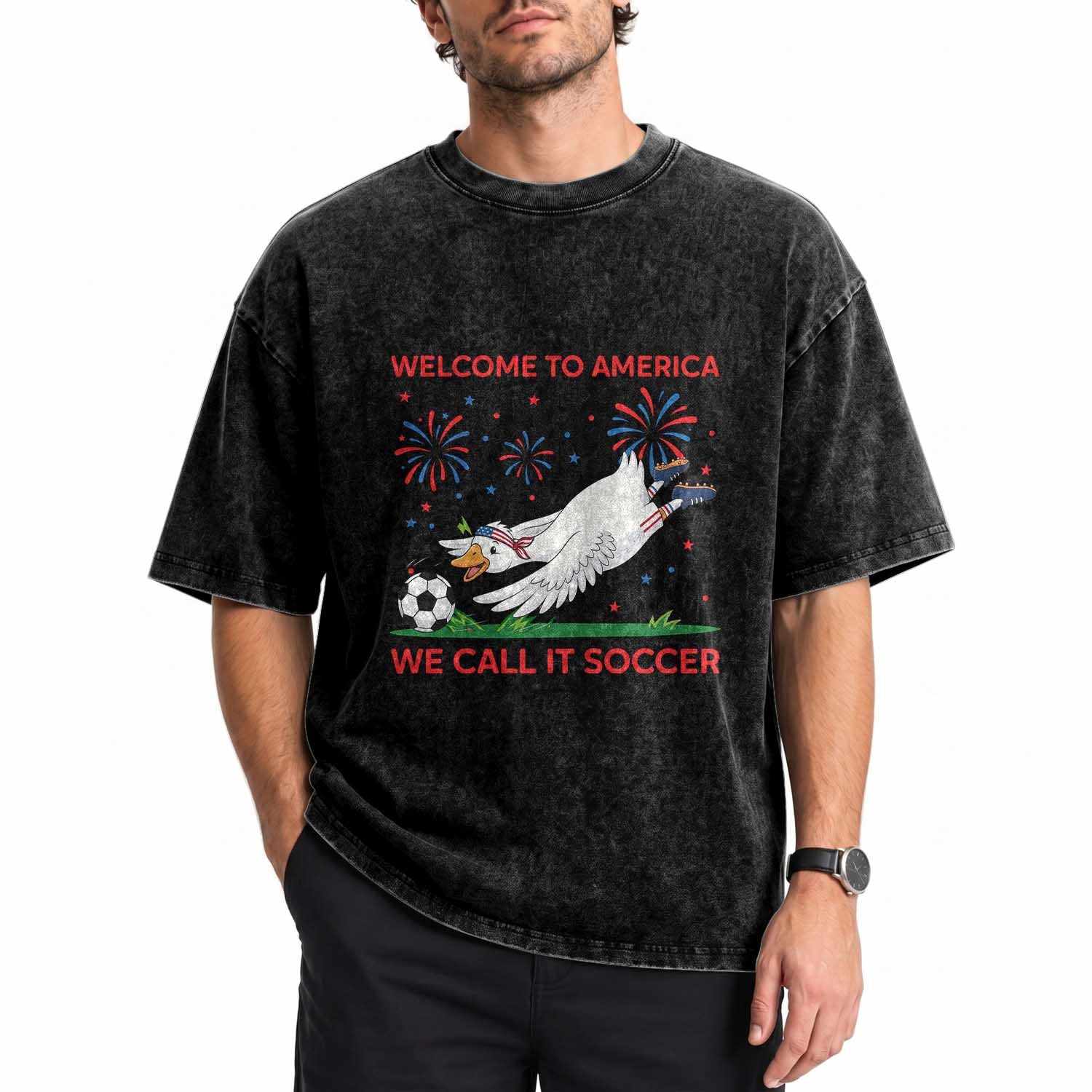 Funny USA Goose Football Washed Cotton T-Shirt Welcome To America We Call It Soccer