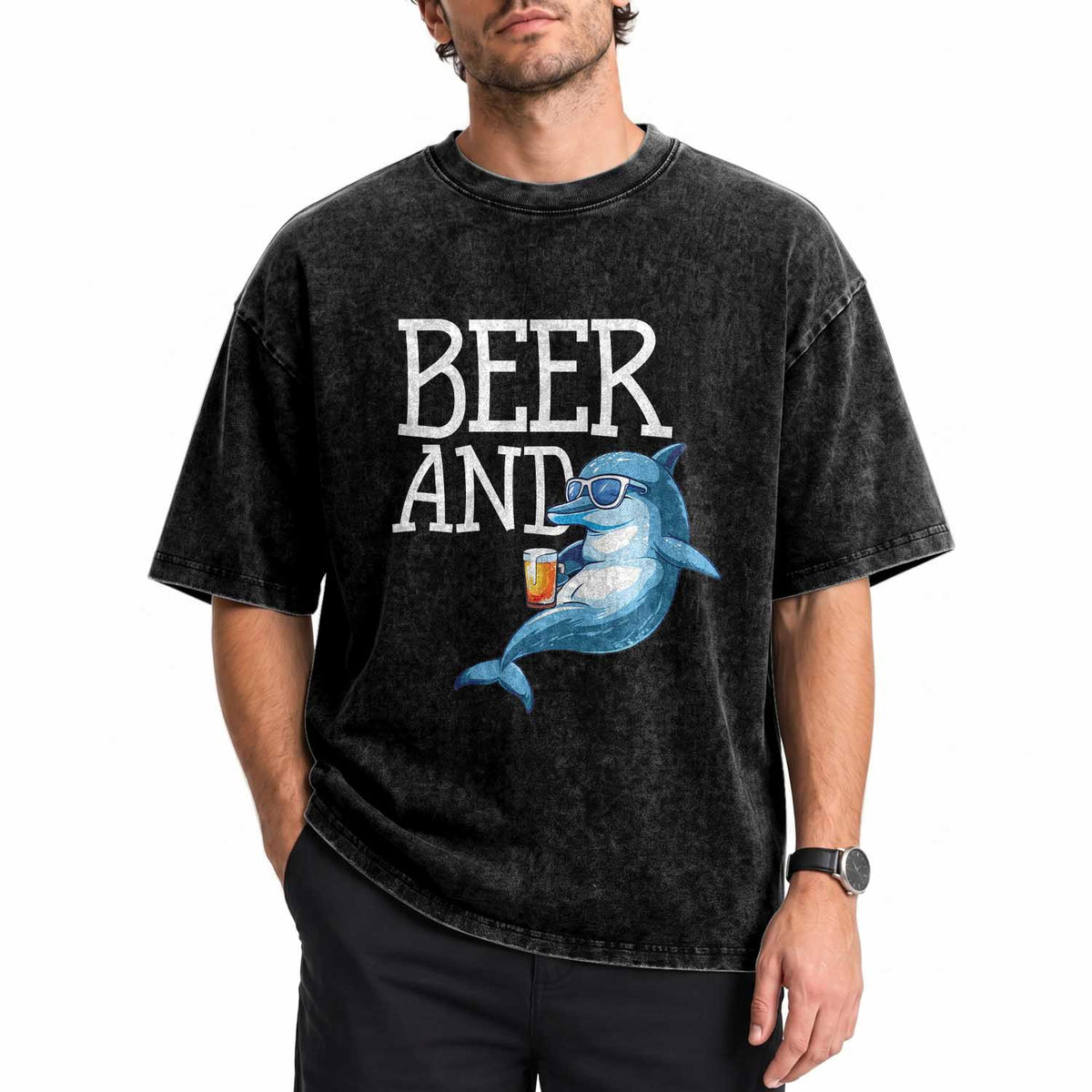 Dolphin And Beer Lover Funny Beach Life Gift Washed Cotton T-Shirt