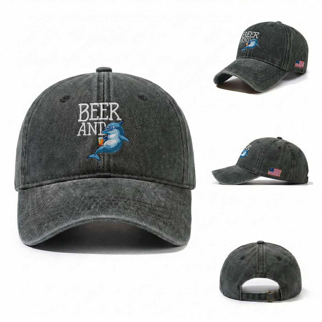 Dolphin And Beer Lover Funny Beach Life Gift Washed Cotton Baseball Cap TS12 Washed Cap Universal Fit Dark Green Print Your Wear