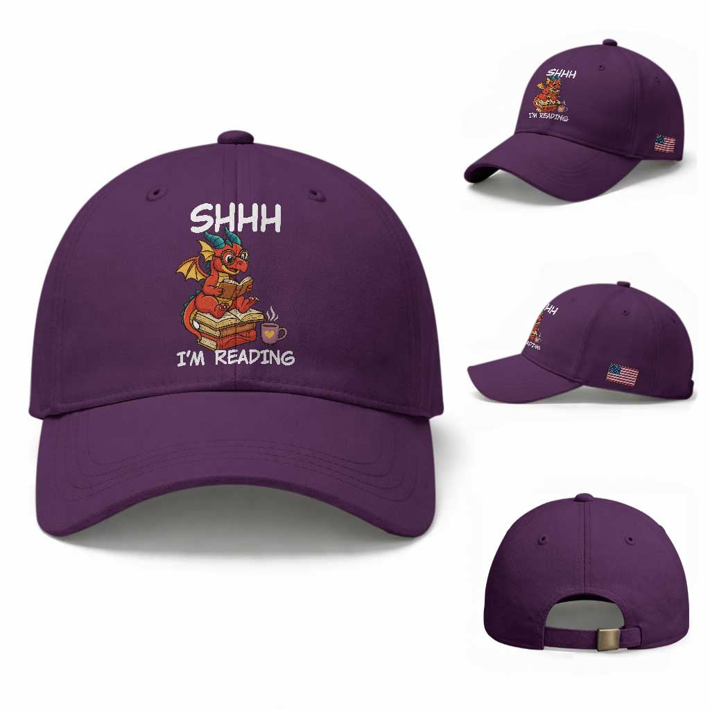 Shhh I Am Reading Baseball Cap Funny Dragon Reading Book TS12 Baseball Cap Universal Fit Purple Print Your Wear