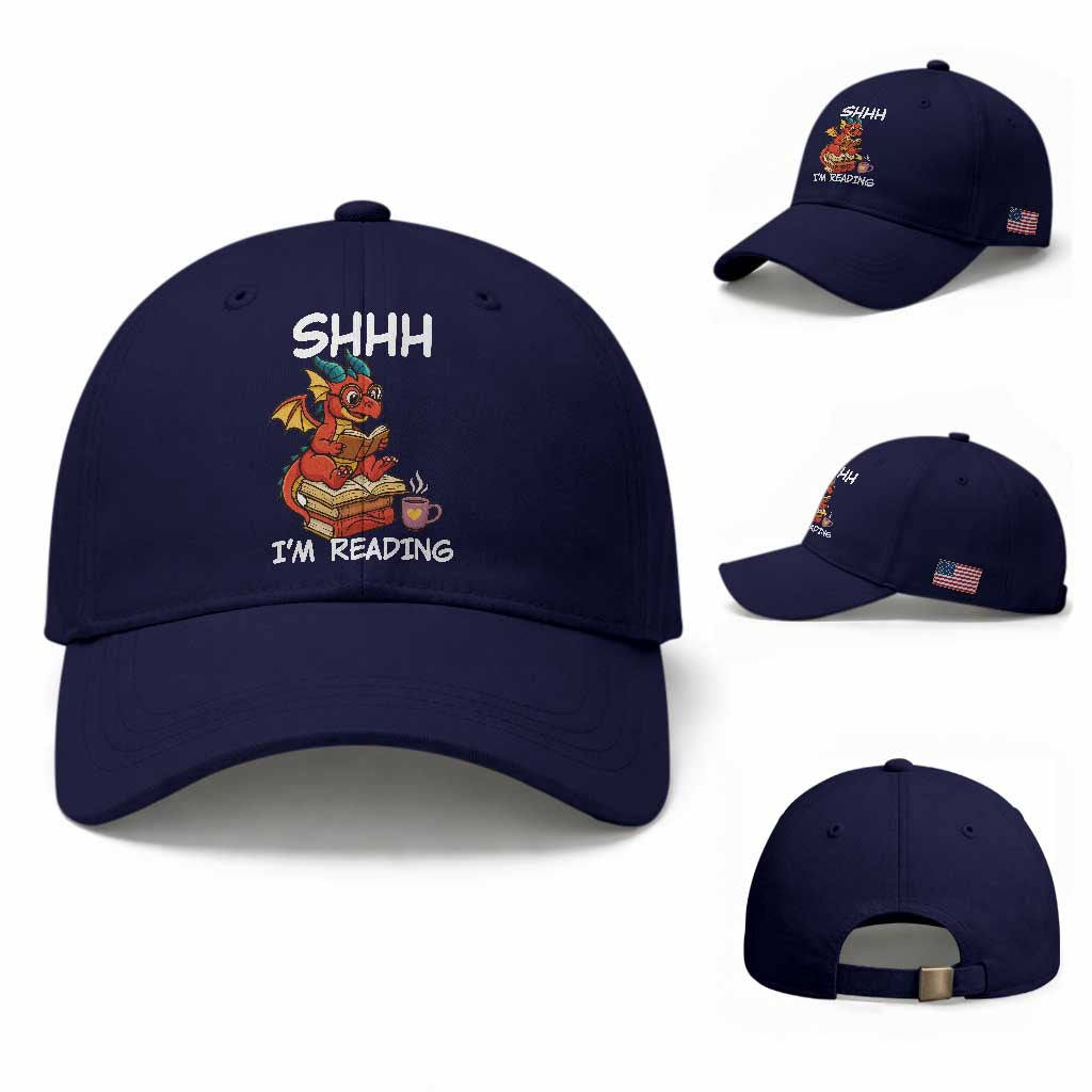 Shhh I Am Reading Baseball Cap Funny Dragon Reading Book TS12 Baseball Cap Universal Fit Dark Blue Print Your Wear