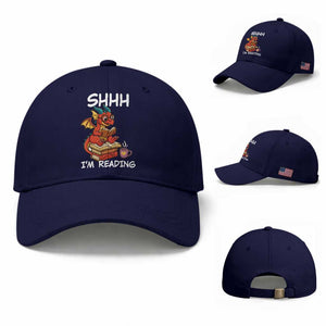 Shhh I Am Reading Baseball Cap Funny Dragon Reading Book TS12 Baseball Cap Universal Fit Dark Blue Print Your Wear