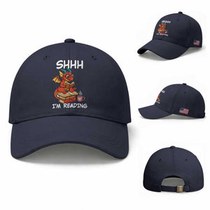Shhh I Am Reading Baseball Cap Funny Dragon Reading Book TS12 Baseball Cap Universal Fit Navy Print Your Wear