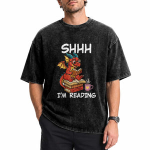Shhh I Am Reading Washed Cotton T-Shirt Funny Dragon Reading Book