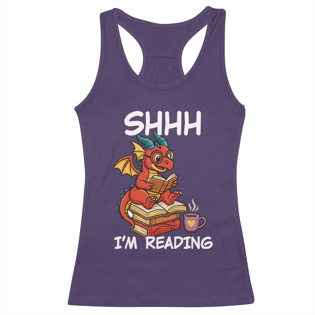 Shhh I Am Reading Racerback Tank Top Funny Dragon Reading Book TS12 Purple Print Your Wear