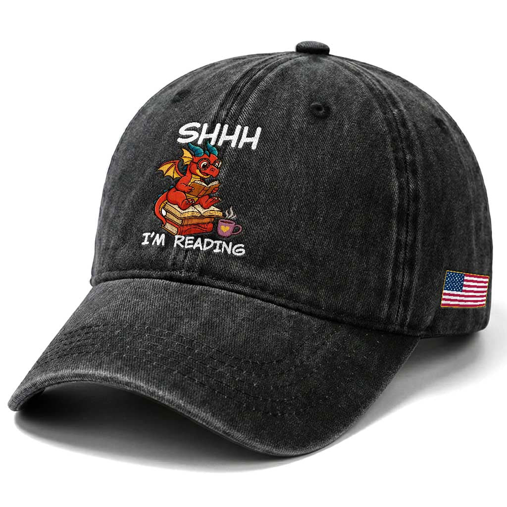 Shhh I Am Reading Washed Cotton Baseball Cap Funny Dragon Reading Book TS12 Print Your Wear