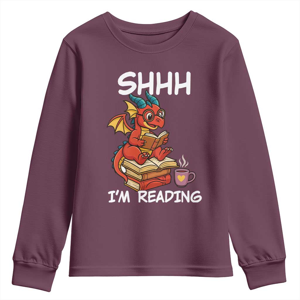 Shhh I Am Reading Youth Sweatshirt Funny Dragon Reading Book TS12 Maroon Print Your Wear