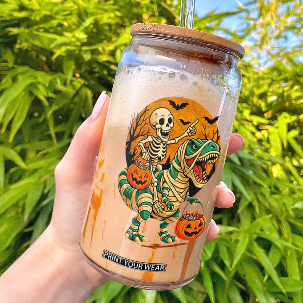 Funny Skeleton Riding Mummy Dinosaur Halloween Glass Can TS12 White Print Your Wear