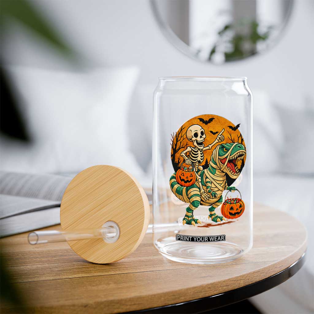 Funny Skeleton Riding Mummy Dinosaur Halloween Glass Can TS12 Print Your Wear