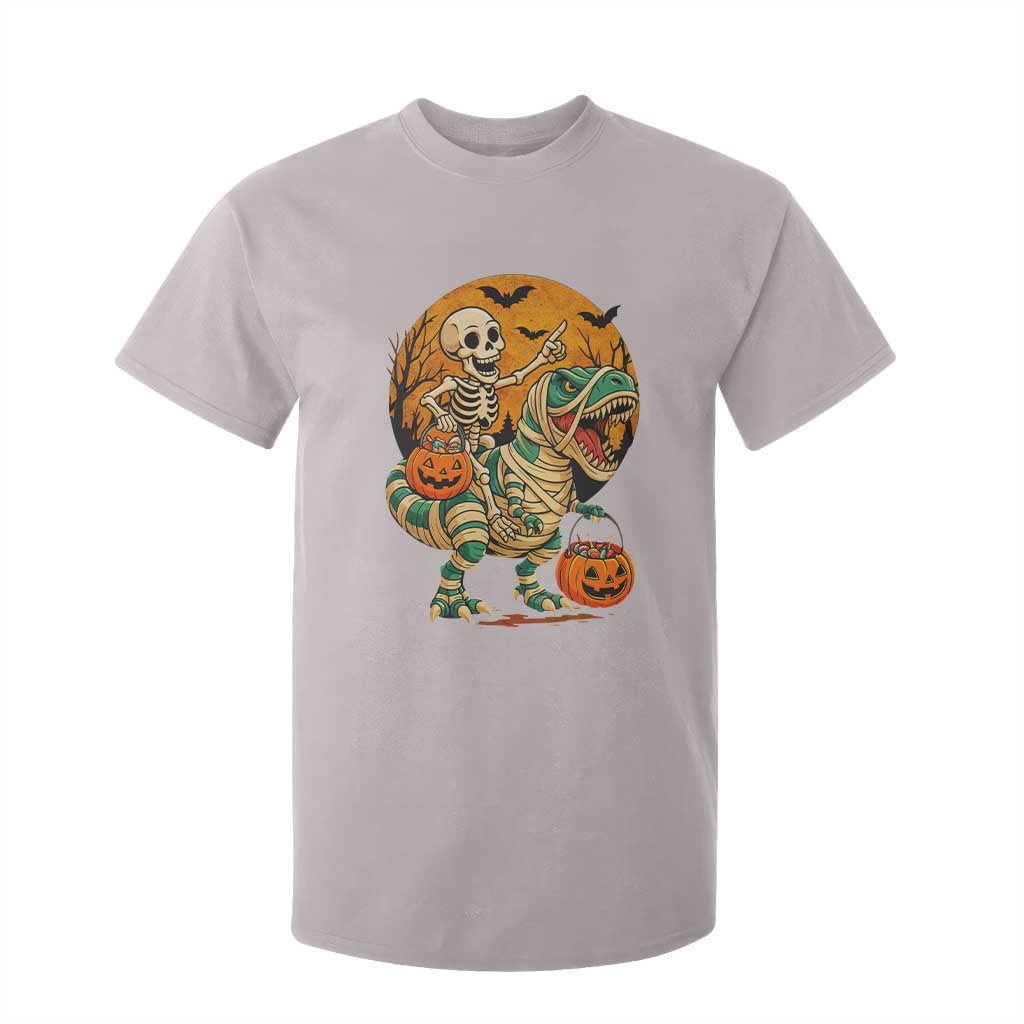 Funny Skeleton Riding Mummy Dinosaur Halloween T Shirt For Kid TS12 Ice Gray Print Your Wear