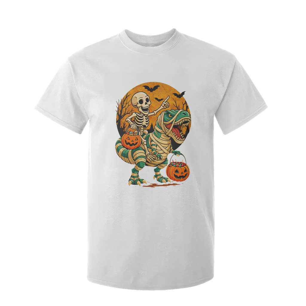 Funny Skeleton Riding Mummy Dinosaur Halloween T Shirt For Kid TS12 White Print Your Wear