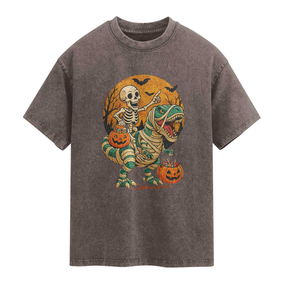 Funny Skeleton Riding Mummy Dinosaur Halloween Washed Cotton T-Shirt