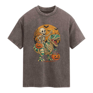 Funny Skeleton Riding Mummy Dinosaur Halloween Washed Cotton T-Shirt