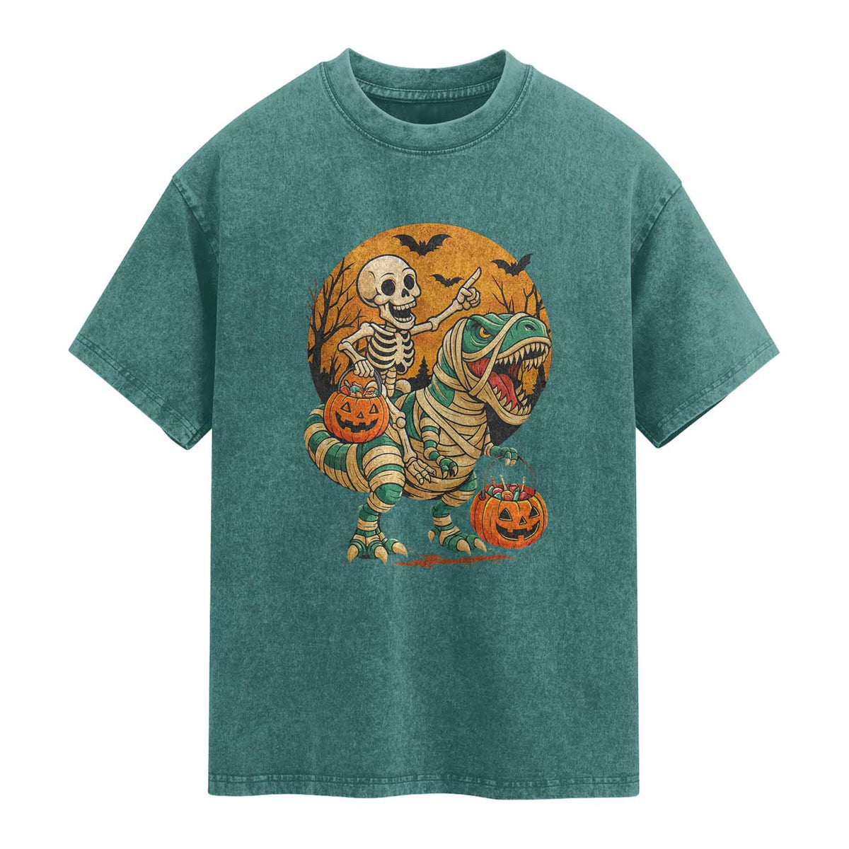 Funny Skeleton Riding Mummy Dinosaur Halloween Washed Cotton T-Shirt