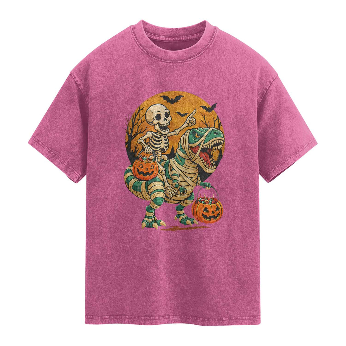 Funny Skeleton Riding Mummy Dinosaur Halloween Washed Cotton T-Shirt