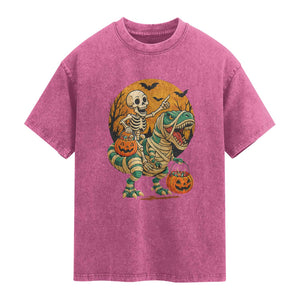 Funny Skeleton Riding Mummy Dinosaur Halloween Washed Cotton T-Shirt