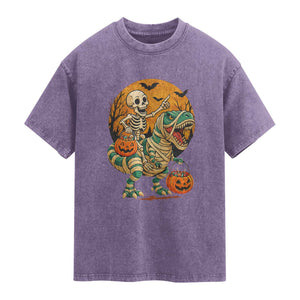 Funny Skeleton Riding Mummy Dinosaur Halloween Washed Cotton T-Shirt