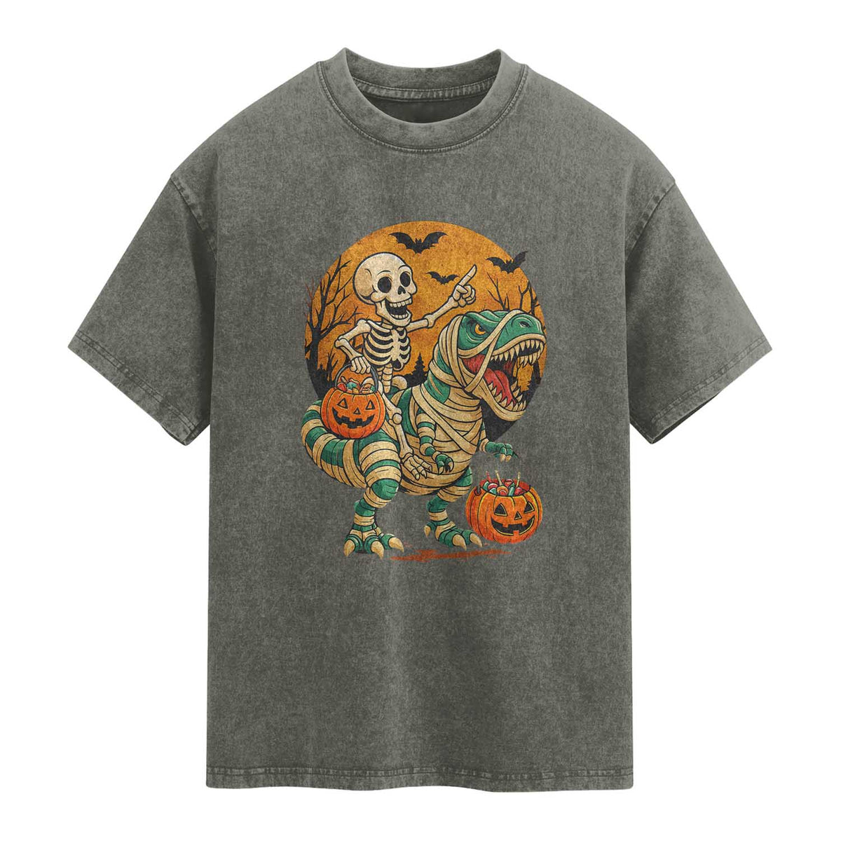 Funny Skeleton Riding Mummy Dinosaur Halloween Washed Cotton T-Shirt