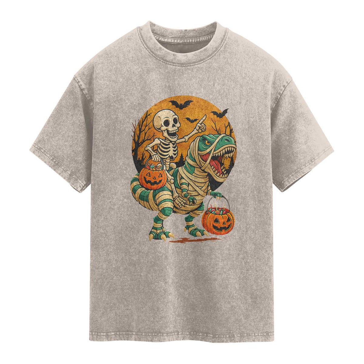 Funny Skeleton Riding Mummy Dinosaur Halloween Washed Cotton T-Shirt
