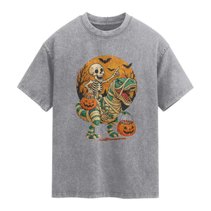 Funny Skeleton Riding Mummy Dinosaur Halloween Washed Cotton T-Shirt