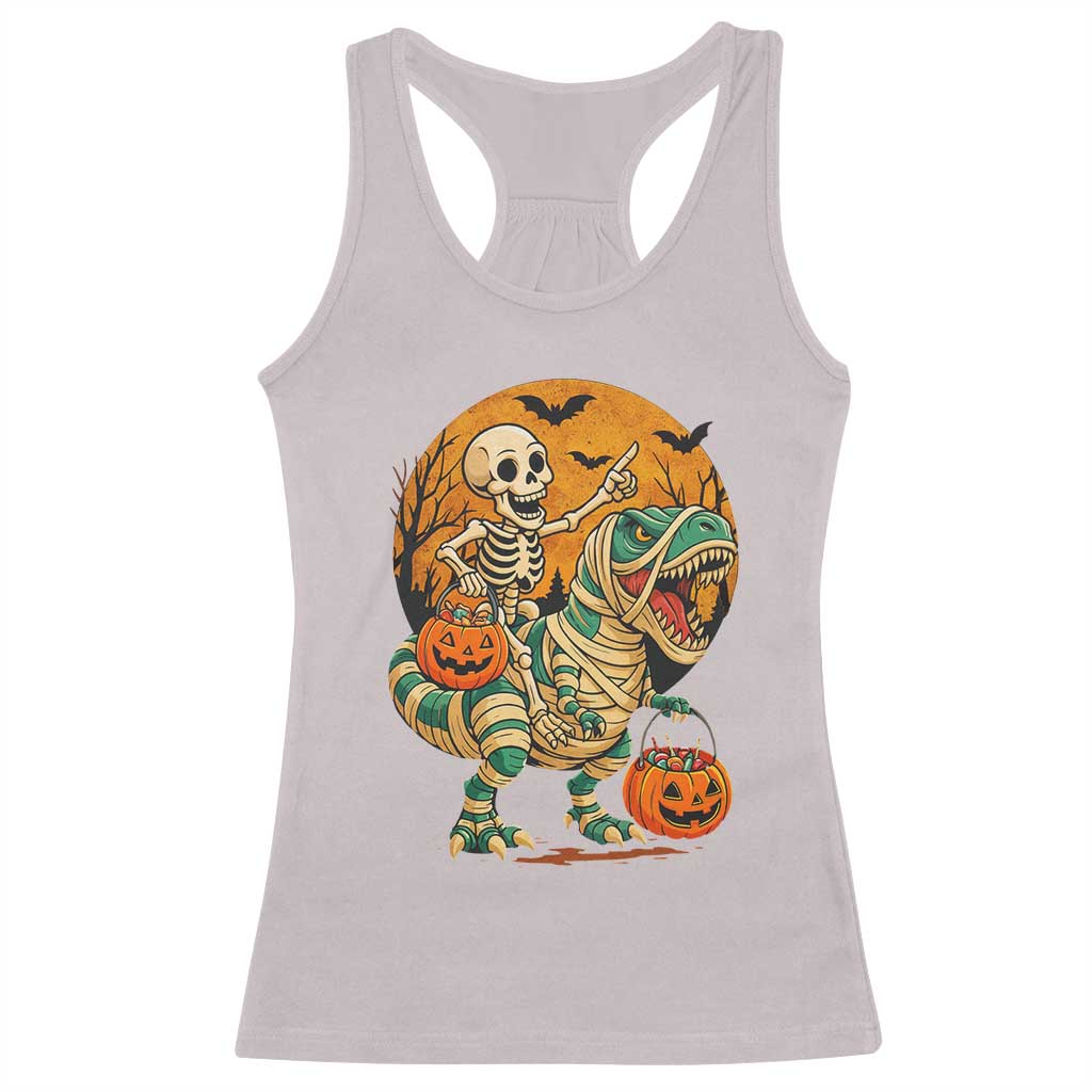 Funny Skeleton Riding Mummy Dinosaur Halloween Racerback Tank Top TS12 Ice Gray Print Your Wear