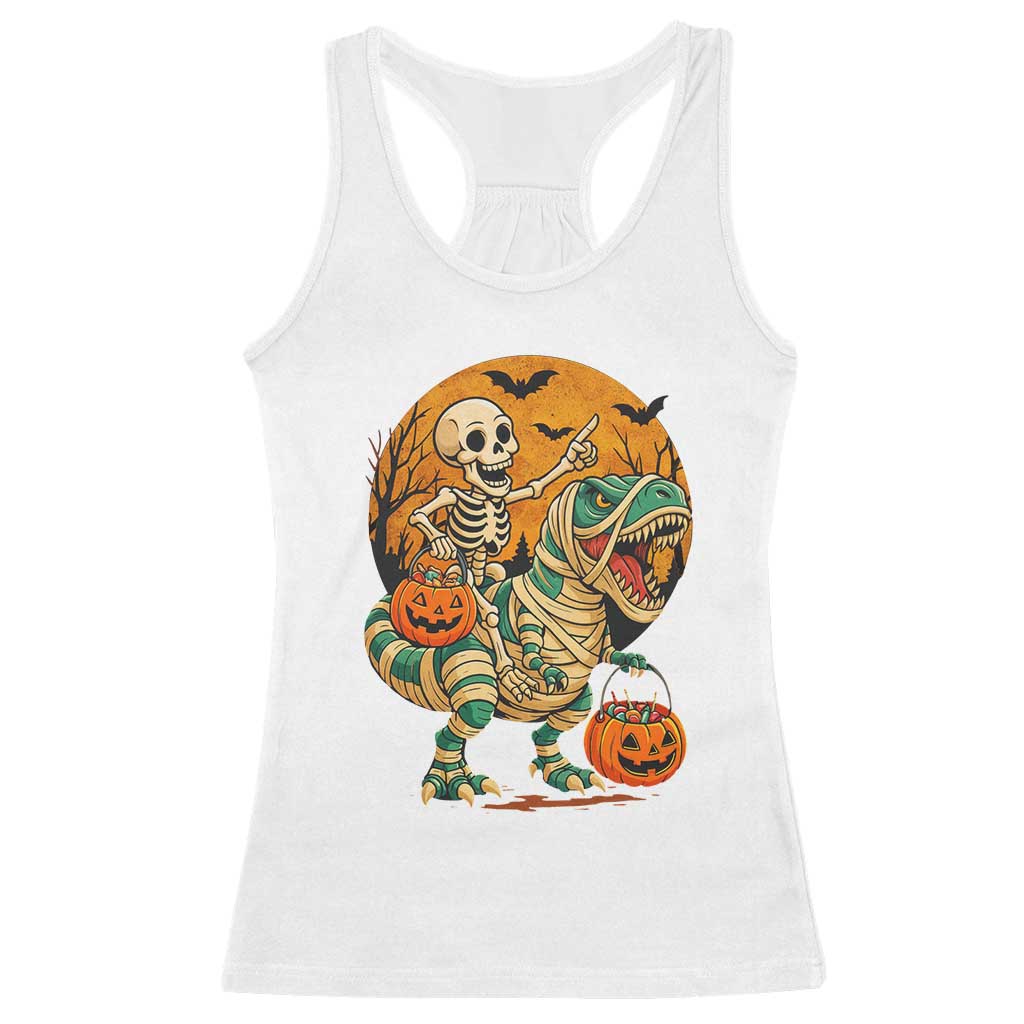 Funny Skeleton Riding Mummy Dinosaur Halloween Racerback Tank Top TS12 White Print Your Wear