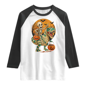 Funny Skeleton Riding Mummy Dinosaur Halloween Raglan Shirt TS12 White Black Print Your Wear